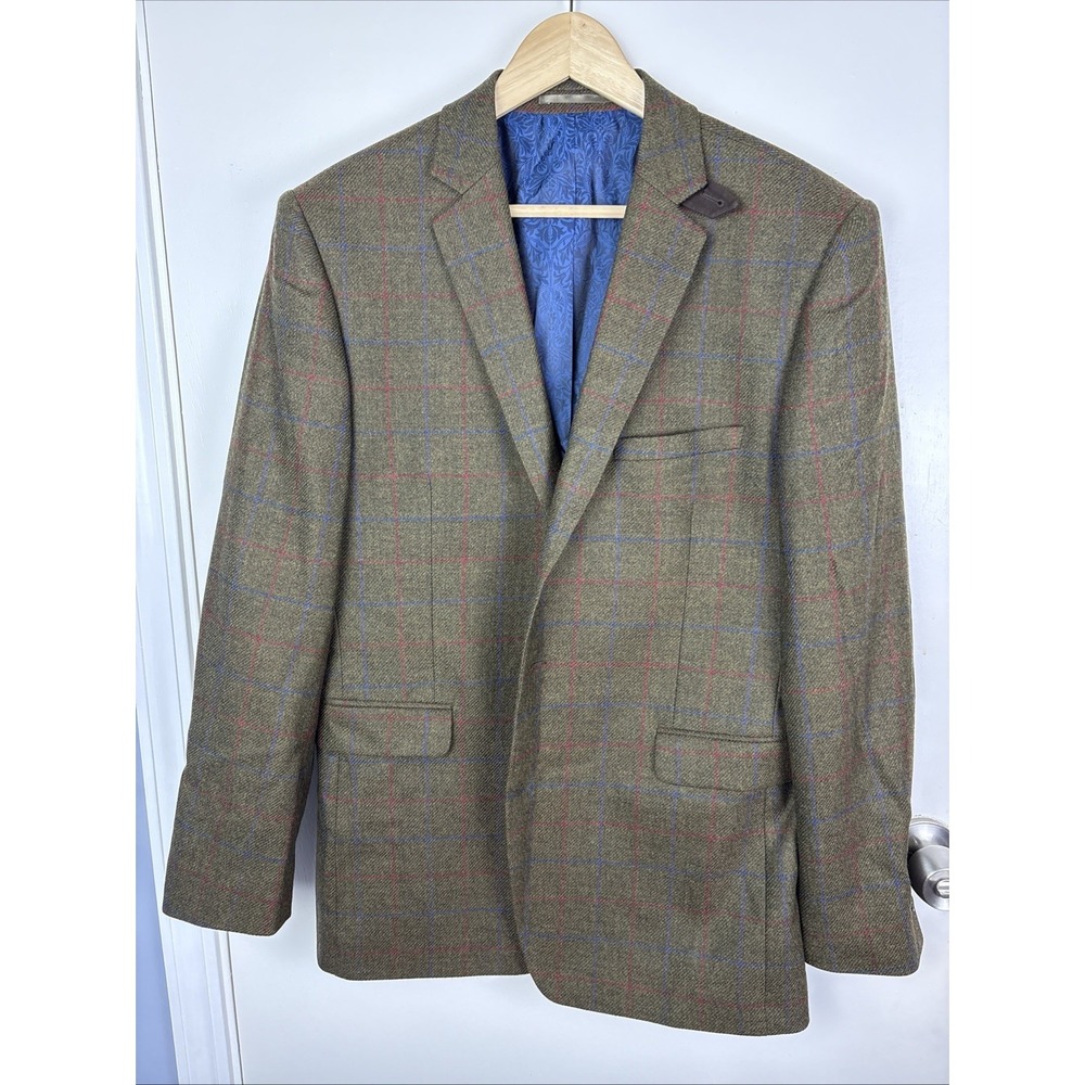 Wool Blazer Green Windowpane Men's Size 42 Preppy Plaid Old Money